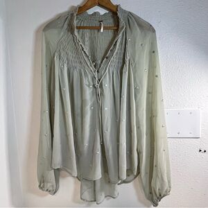 Free People Ready To Run' Dot Georgette Top Sage Green  Sheer Blouse Size Large